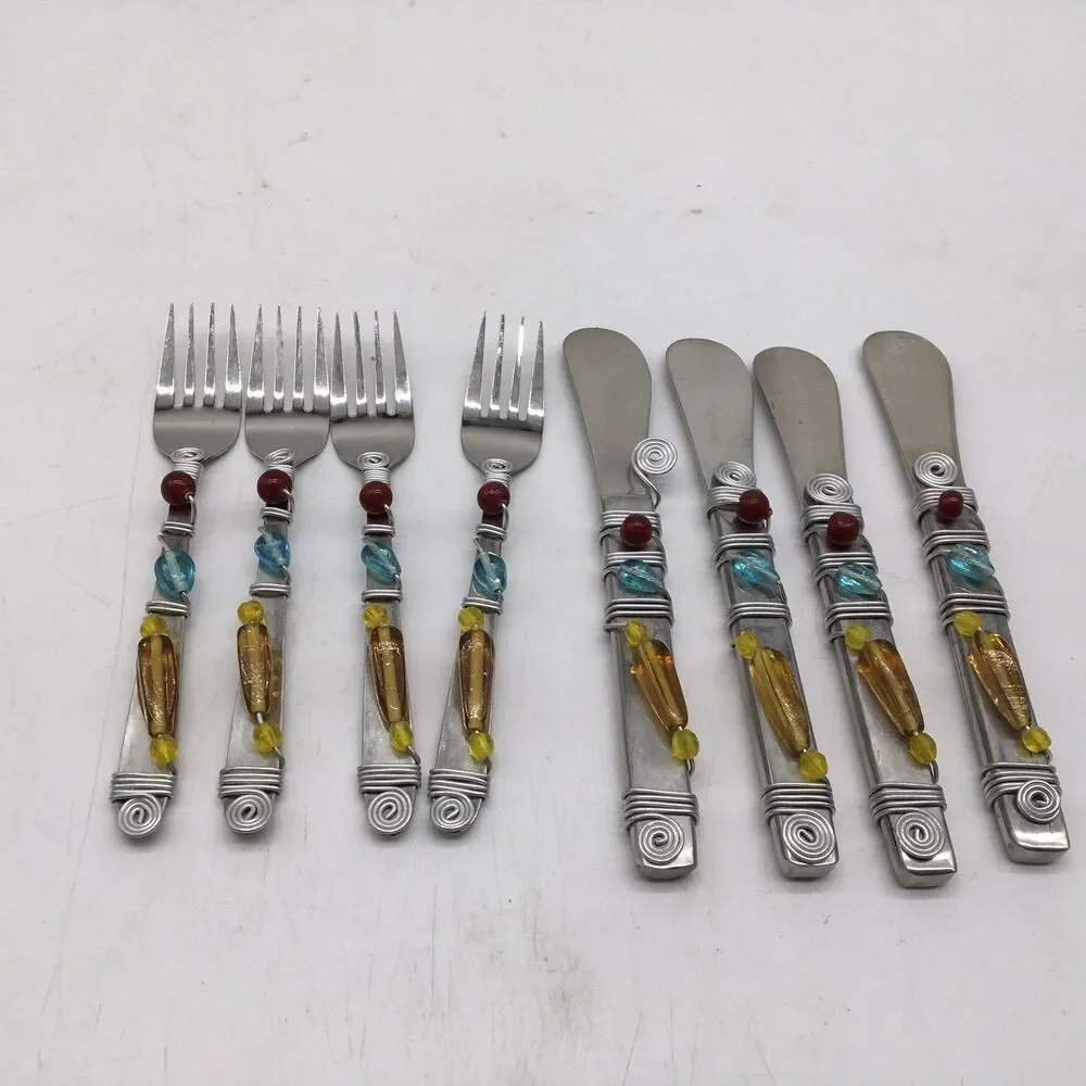 Vtg Beaded Wire Wrapped  Appetizer Cheese Fork Knife Spreaders Set Of 8 India